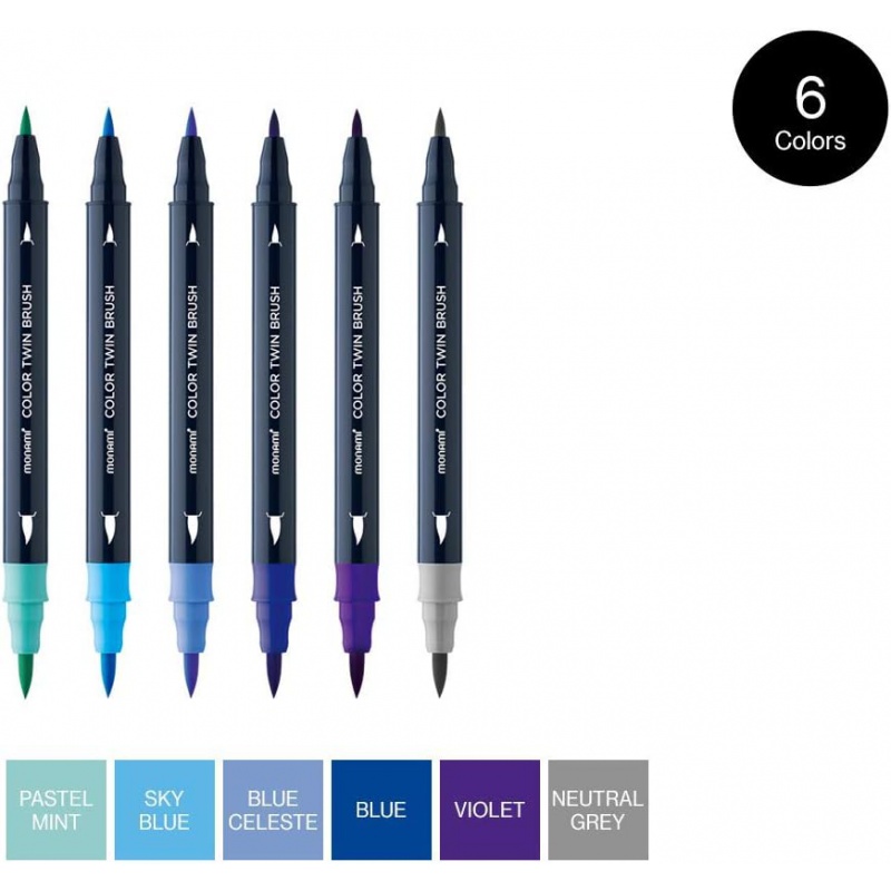 Sada popisovačov na kaligrafiu a ilustrácie Monami Color Twin Brush - Ocean Blue set, 6ks Sada popisovačov na kaligrafiu a ilustrácie Monami Color Twin Brush - Ocean Blue set, 6ks