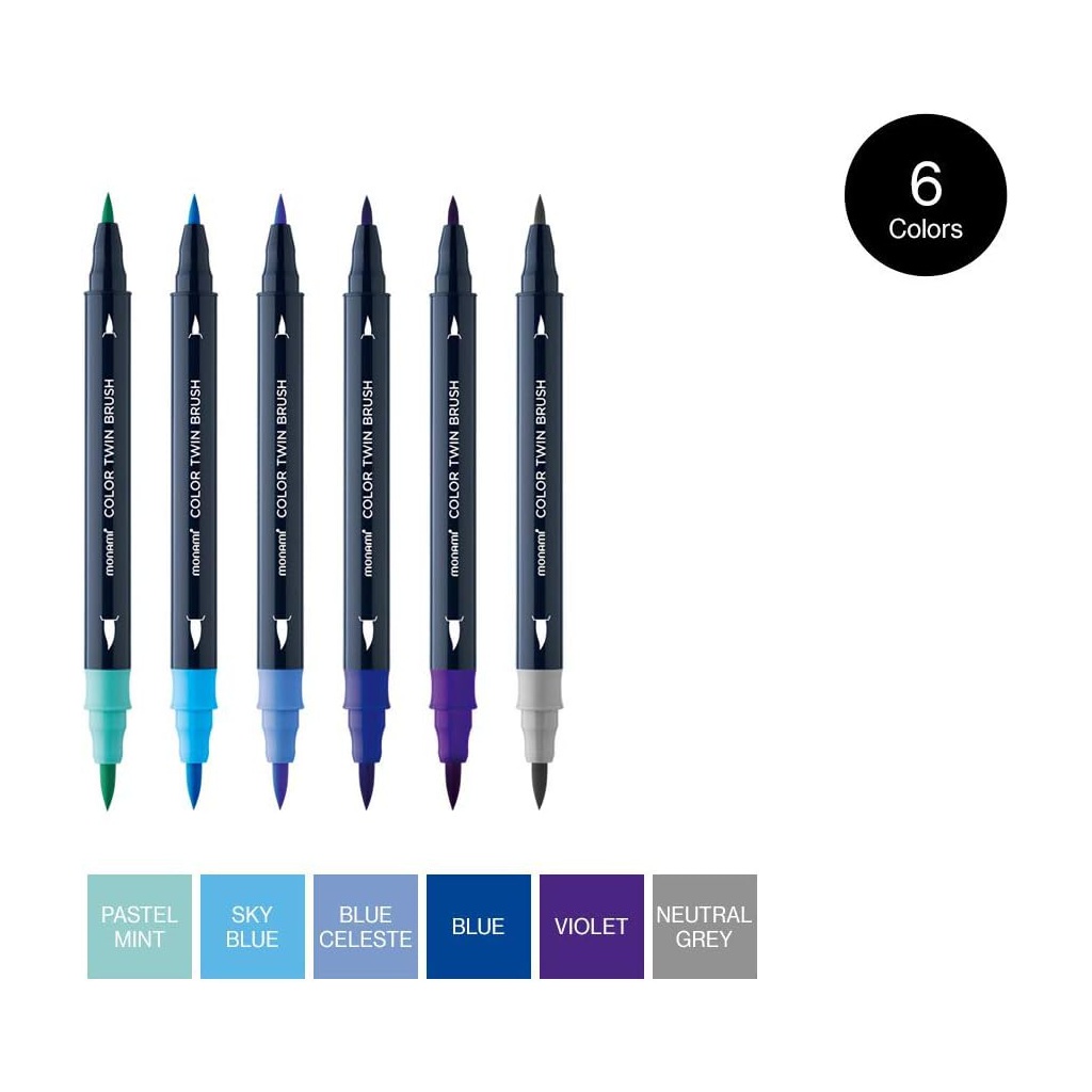Sada popisovačov na kaligrafiu a ilustrácie Monami Color Twin Brush - Ocean Blue set, 6ks