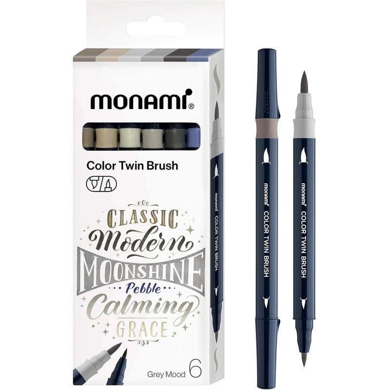 Sada popisovačů pro kaligrafii a ilustrace Monami Color Twin Brush - Grey set, 6ks Sada popisovačů pro kaligrafii a ilustrace Monami Color Twin Brush - Grey set, 6ks