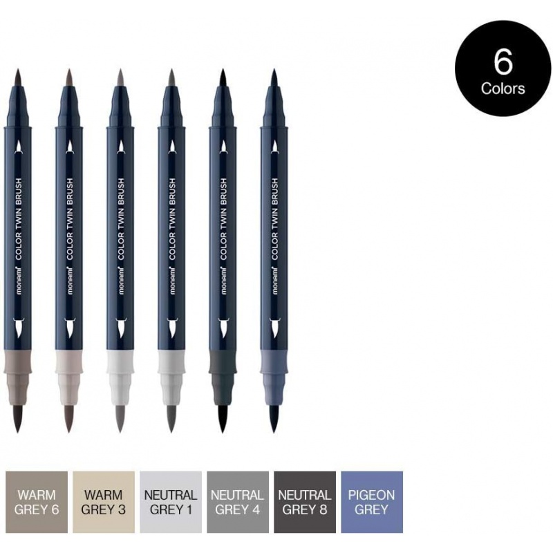 Sada popisovačů pro kaligrafii a ilustrace Monami Color Twin Brush - Grey set, 6ks Sada popisovačů pro kaligrafii a ilustrace Monami Color Twin Brush - Grey set, 6ks