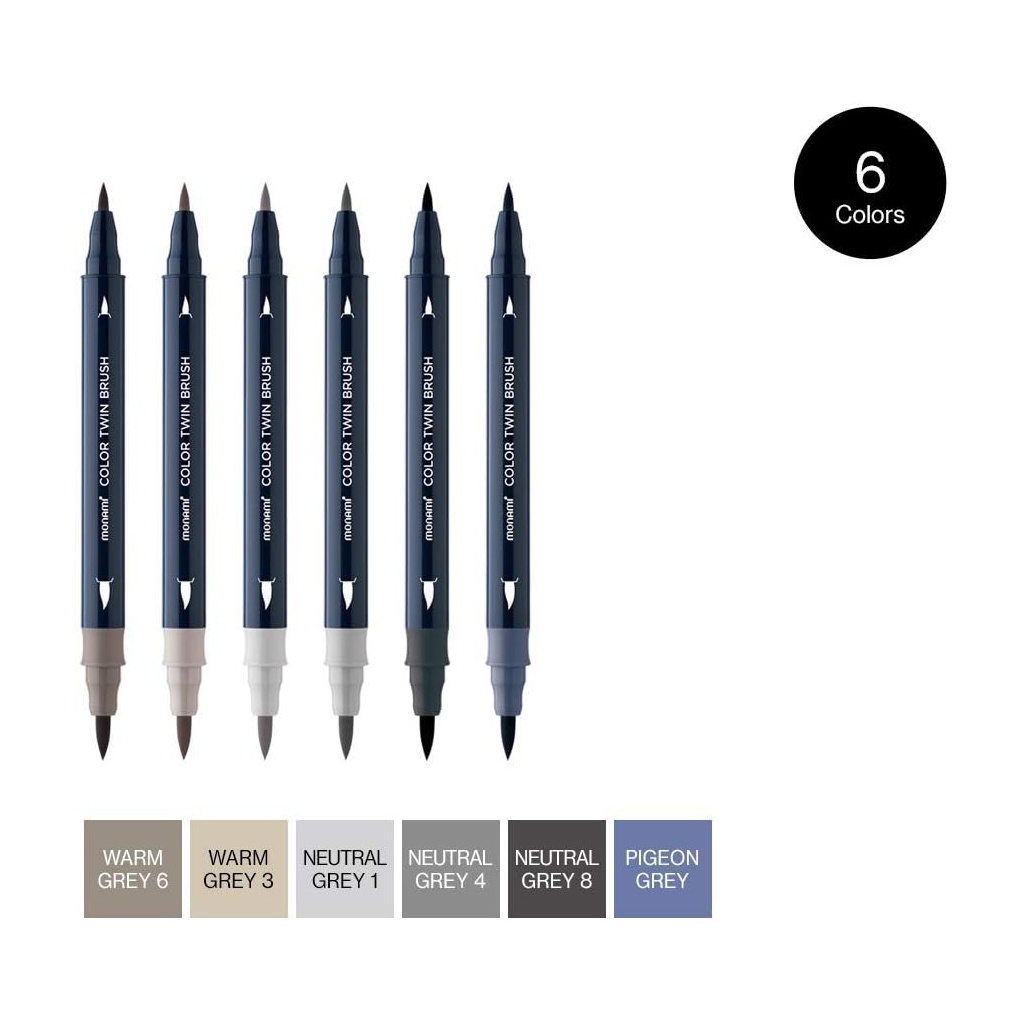 Sada popisovačov na kaligrafiu a ilustrácie Monami Color Twin Brush - Grey set, 6ks