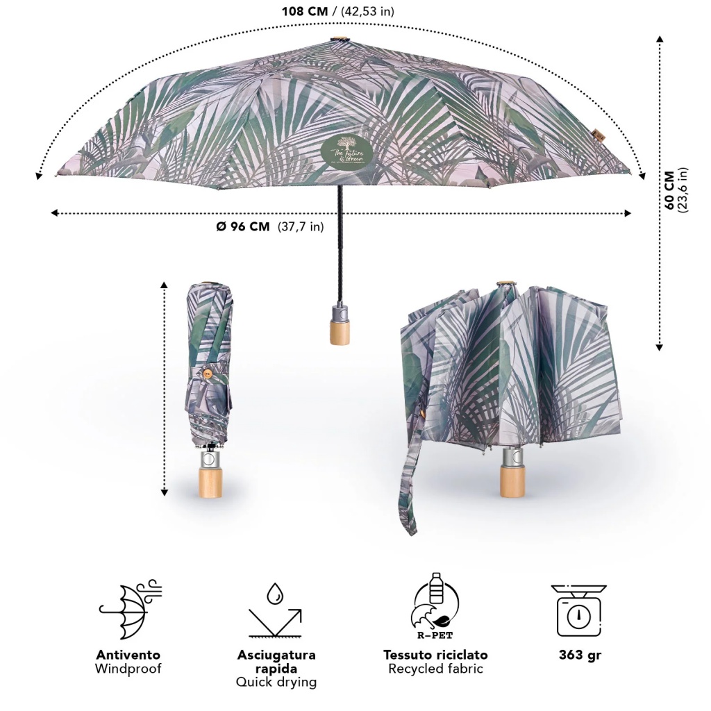 Elegantní skládací dámský deštník Perletti Green "Kenzia", 19158