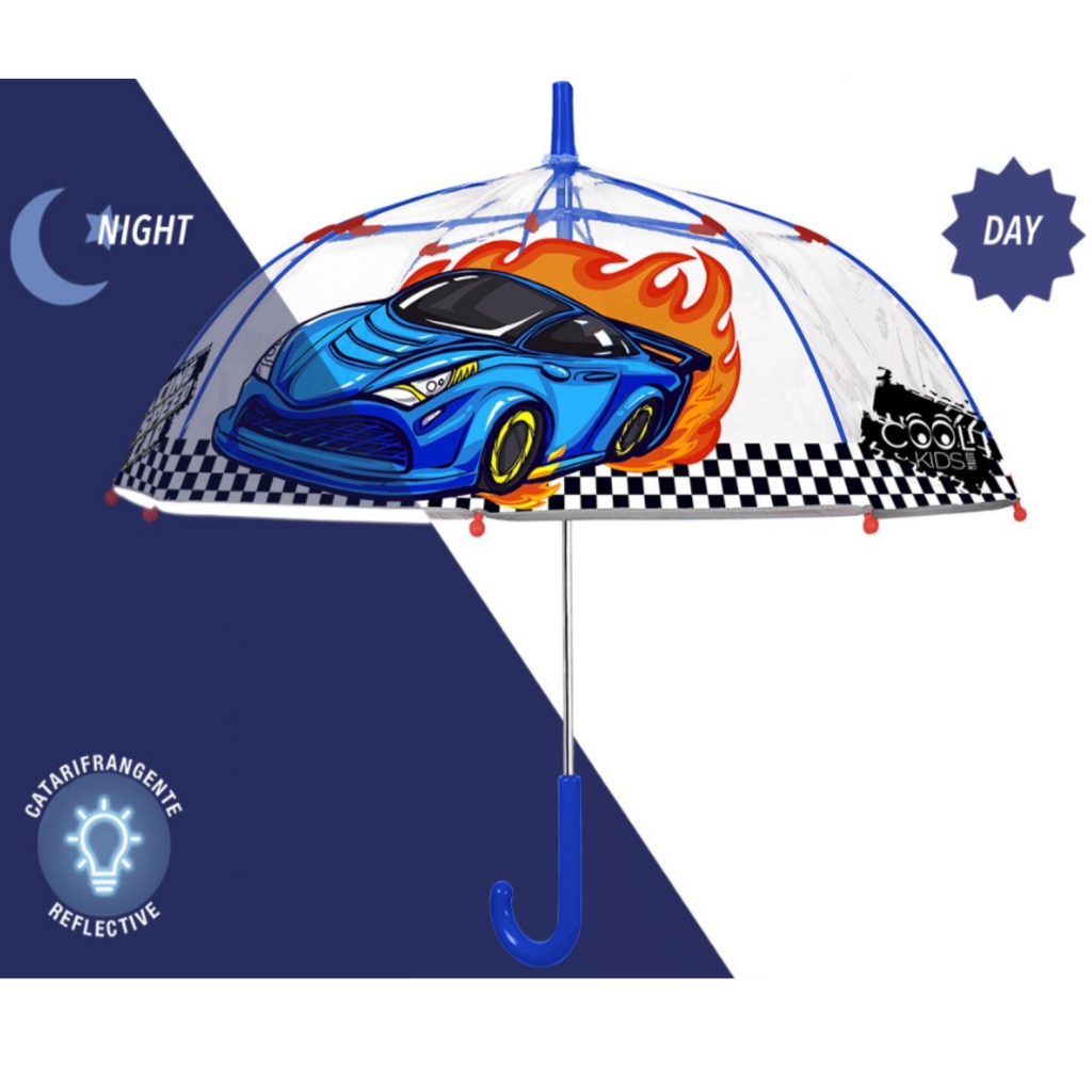 Detský reflexný transparentný dáždnik Perletti Cool Kids "Racing Car", 15654
