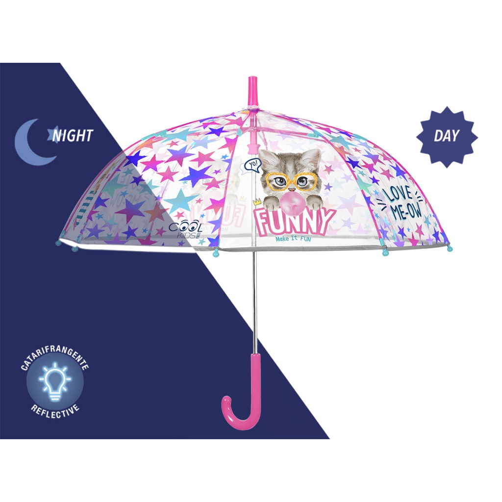 Dětský reflexní transparentní deštník Perletti Cool Kids "Funny Cat", 15655