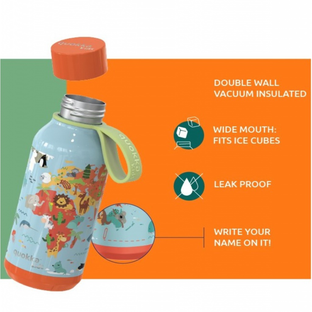 Quokka Kids Solid, Nerezová láhev / termoska s poutkem Grove Birds, 330ml, 40149