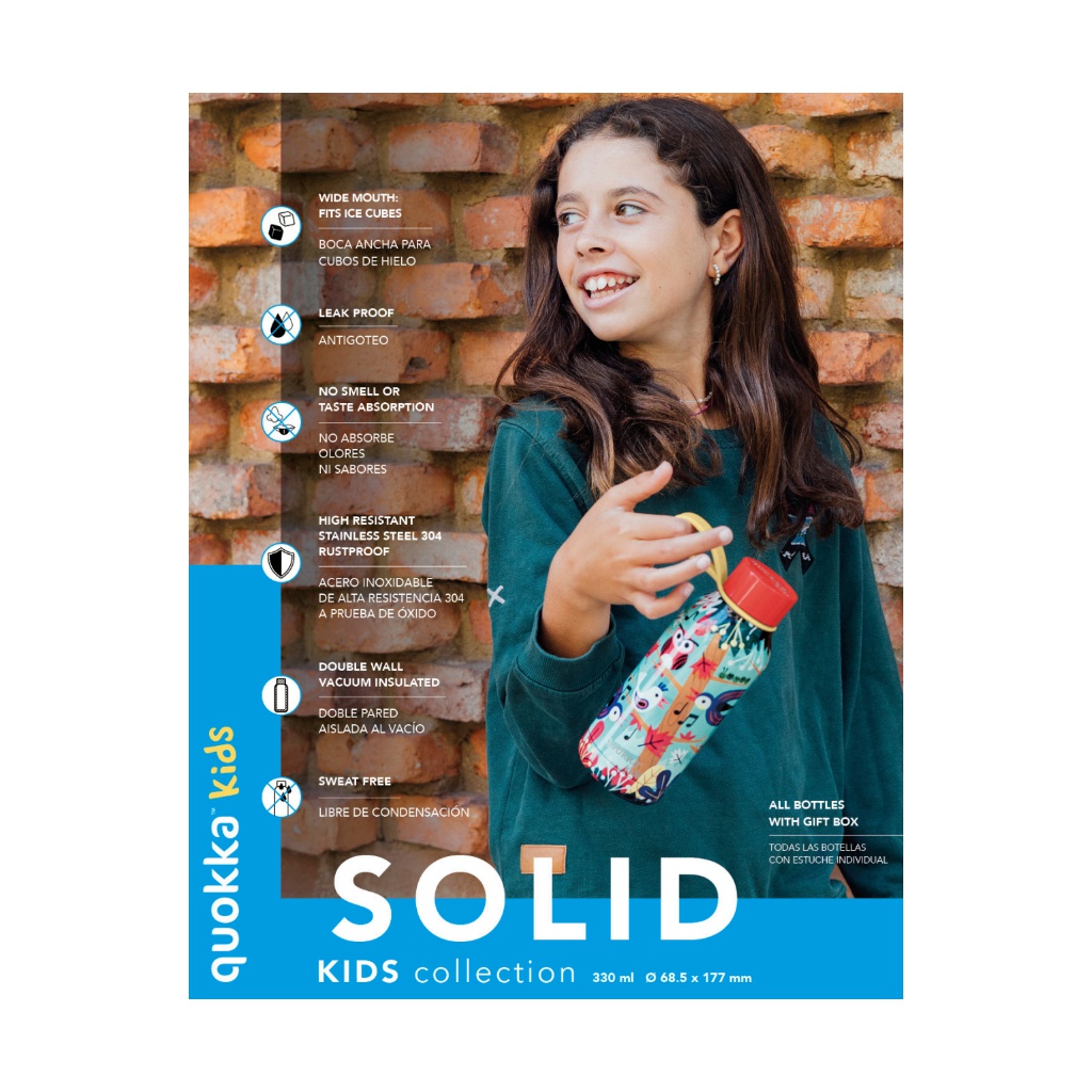 Quokka Kids Solid, Nerezová fľaša / termoska s pútkom Color Bricks, 330ml, 40143