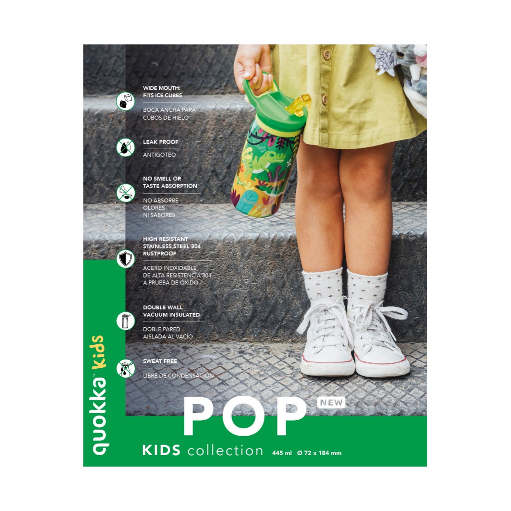 Quokka Kids Pop, Nerezová fľaša / termoska so slamkou Dinosaurs, 445ml, 40246