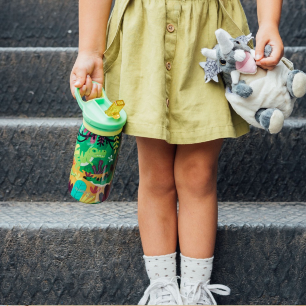 Quokka Kids Pop, Nerezová láhev / termoska s brčkem Dinosaurs, 445ml, 40246