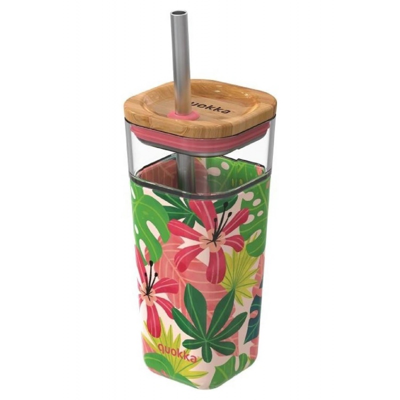 Quokka Cube, Skleněná sklenice se silikonovým povrchem Pink Jungle, 540ml, 40057 Quokka Cube, Skleněná sklenice se silikonovým povrchem Pink Jungle, 540ml, 40057