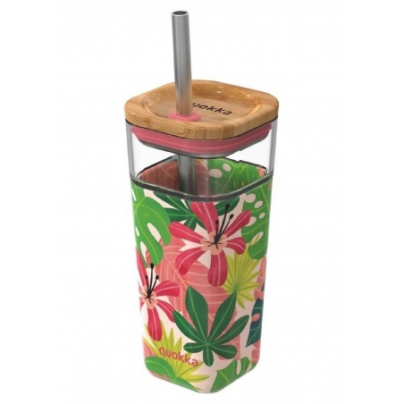 Quokka Cube, Skleněná sklenice se silikonovým povrchem Pink Jungle, 540ml, 40057