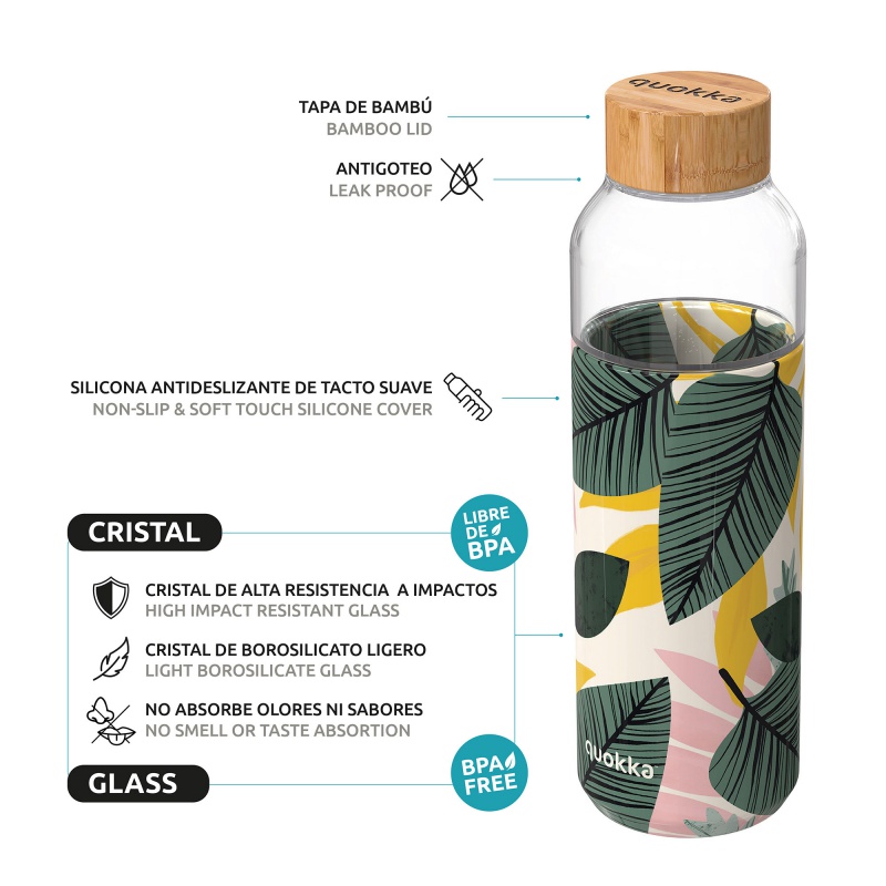 Quokka Flow, Sklenená fľaša so silikónovým povrchom Midnight Leaves, 660ml, 40012