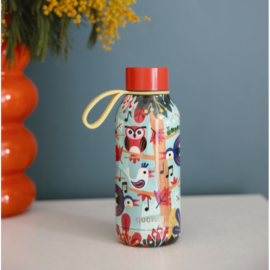 Quokka Kids Solid, Nerezová láhev / termoska s poutkem Grove Birds, 330ml, 40149
