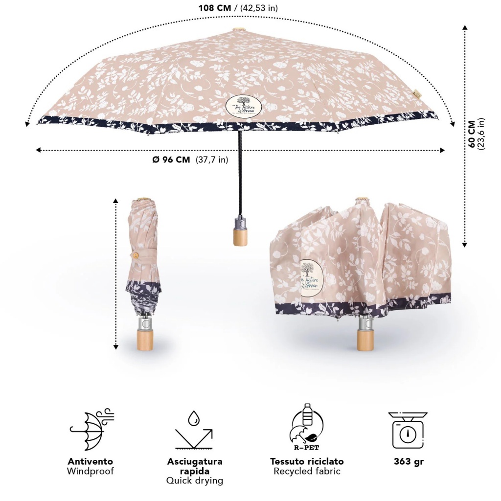 Elegantní skládací dámský deštník Perletti Green "Fiore Bianco", 19162