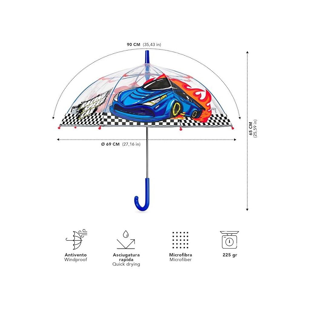 Detský reflexný transparentný dáždnik Perletti Cool Kids "Racing Car", 15654
