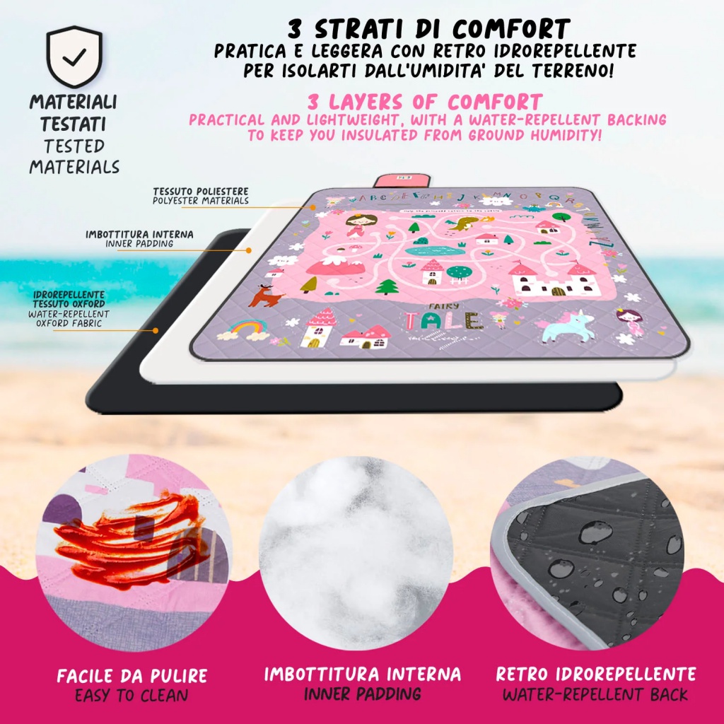 Dětská pikniková deka Perletti Castello delle Fiabe o rozměrech 150 x 150 cm. Vhodná pro 2–3 děti. Vrchní vrstva polyester, spod