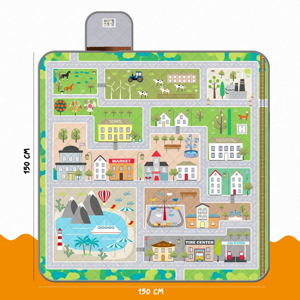 Dětská pikniková deka Perletti s motivem autíčkové dráhy. Rozměr 150x150 cm. Nepromokavý PEVA spodek. Lehká, skladná a ideální