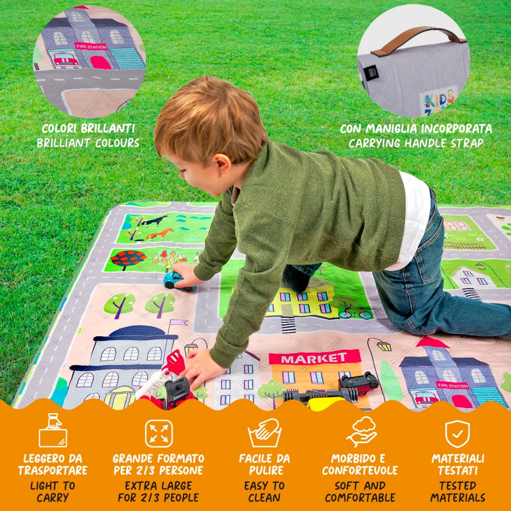 Dětská pikniková deka Perletti s motivem autíčkové dráhy. Rozměr 150x150 cm. Nepromokavý PEVA spodek. Lehká, skladná a ideální