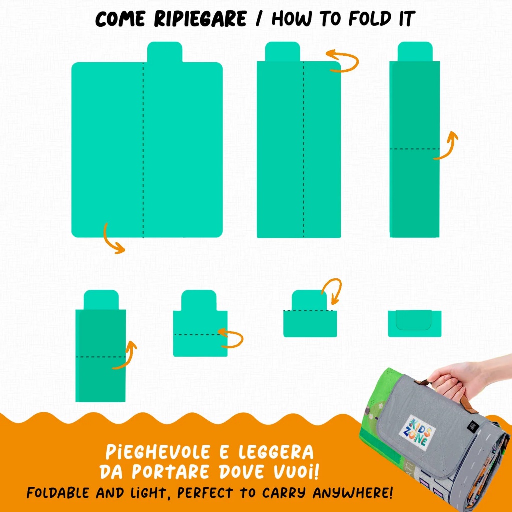Dětská pikniková deka Perletti s motivem autíčkové dráhy. Rozměr 150x150 cm. Nepromokavý PEVA spodek. Lehká, skladná a ideální