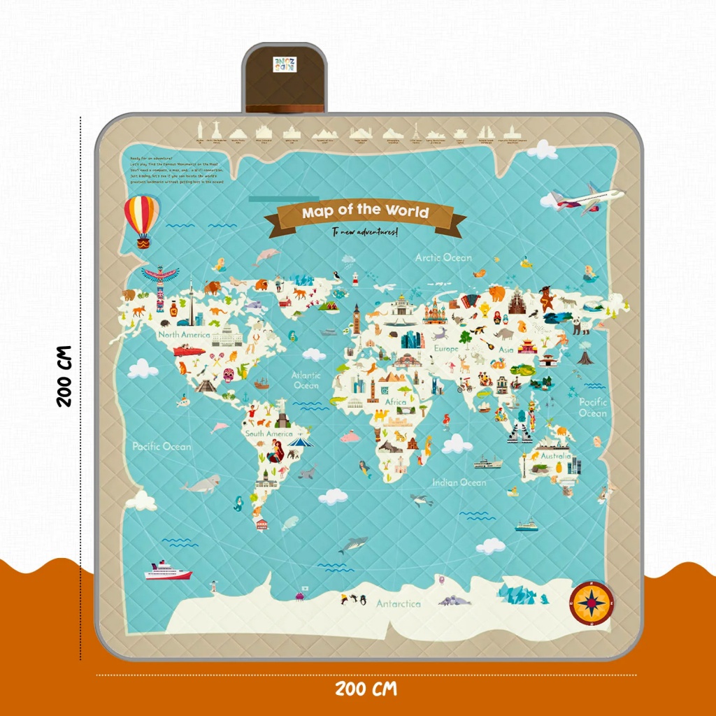 Dětská pikniková deka Perletti Mappamondo 200x200 cm - mapa světa