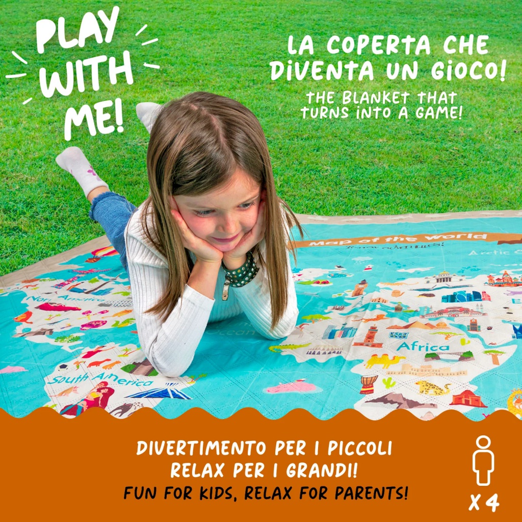Dětská pikniková deka Perletti Mappamondo 200x200 cm - mapa světa
