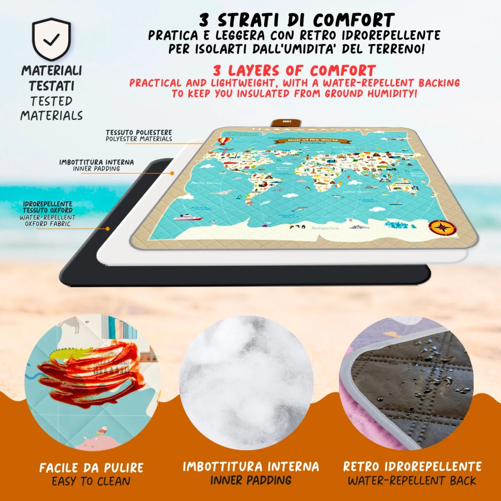 Dětská pikniková deka Perletti Mappamondo 200x200 cm - mapa světa