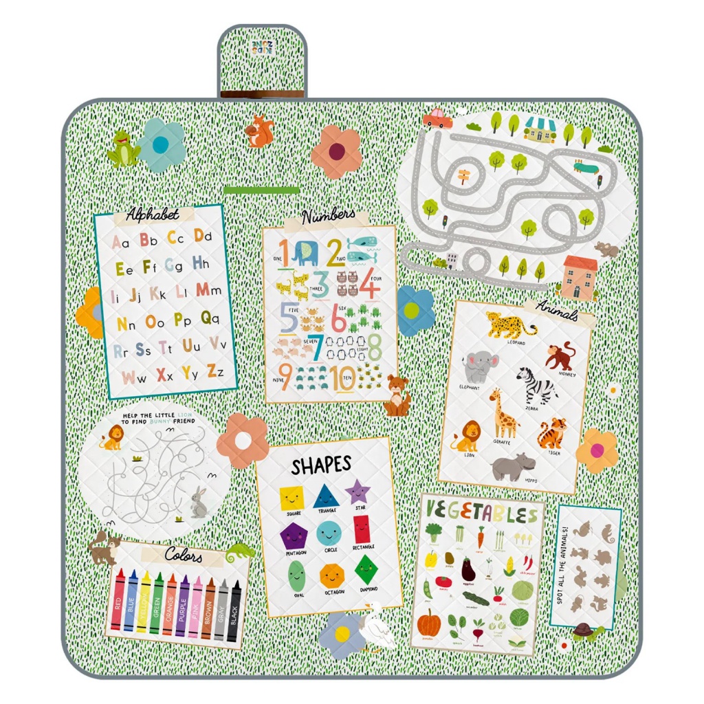 Dětská pikniková deka Perletti s ilustracemi Montessori her, velikost 200x200 cm. Třívrstvá, skladná s rukojetí, spodní vrs