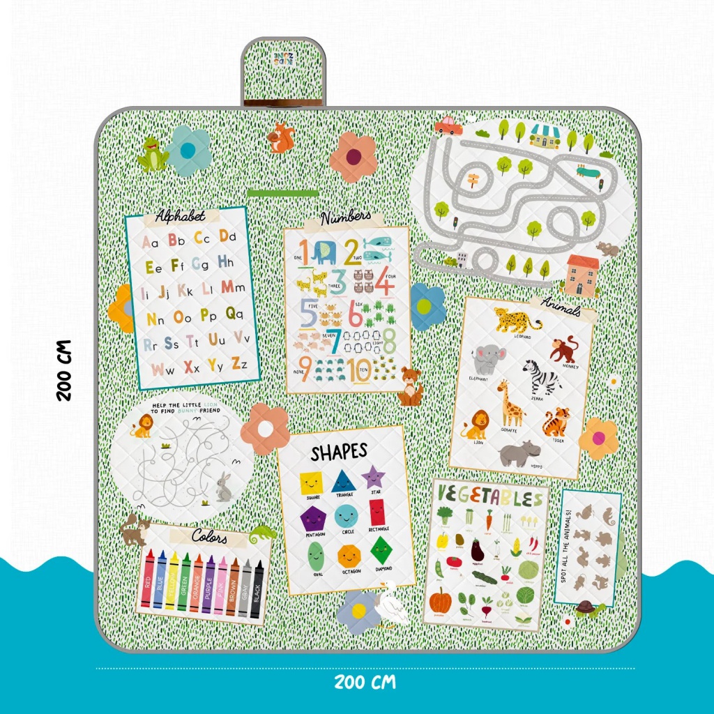 Dětská pikniková deka Perletti s ilustracemi Montessori her, velikost 200x200 cm. Třívrstvá, skladná s rukojetí, spodní vrs