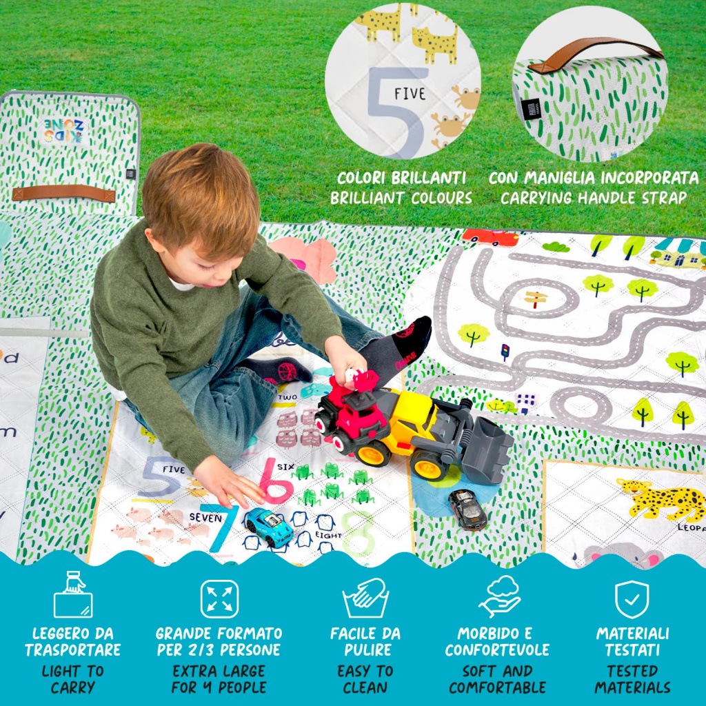 Dětská pikniková deka Perletti s ilustracemi Montessori her, velikost 200x200 cm. Třívrstvá, skladná s rukojetí, spodní vrs