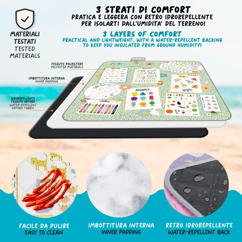 Dětská pikniková deka Perletti s ilustracemi Montessori her, velikost 200x200 cm. Třívrstvá, skladná s rukojetí, spodní vrs