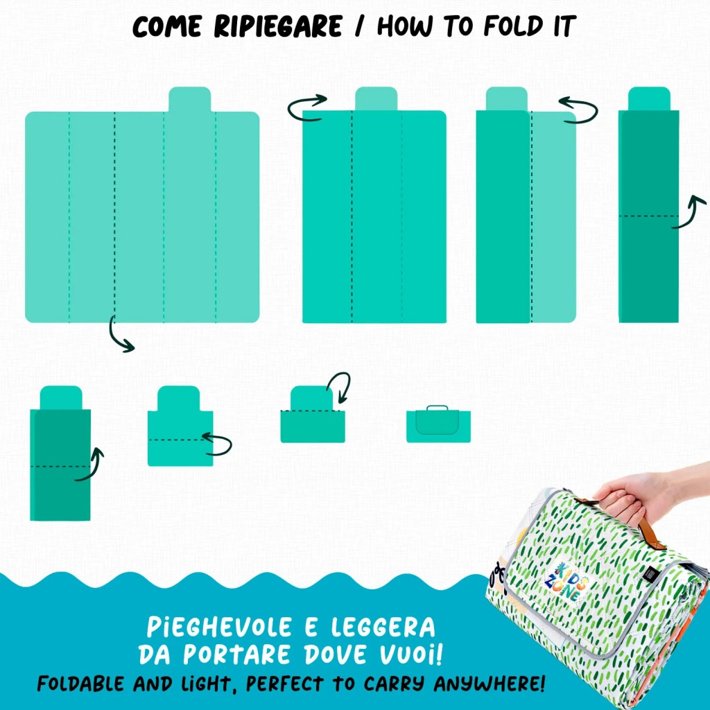 Dětská pikniková deka Perletti s ilustracemi Montessori her, velikost 200x200 cm. Třívrstvá, skladná s rukojetí, spodní vrs