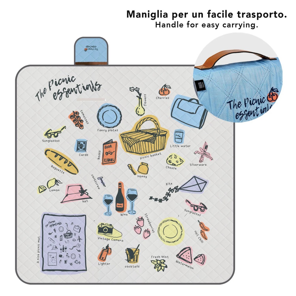 Perletti Travel – Essentials je extra velká deka určená pro rodinné výlety a venkovní dobrodružství až pro čtyři osoby. Spodní