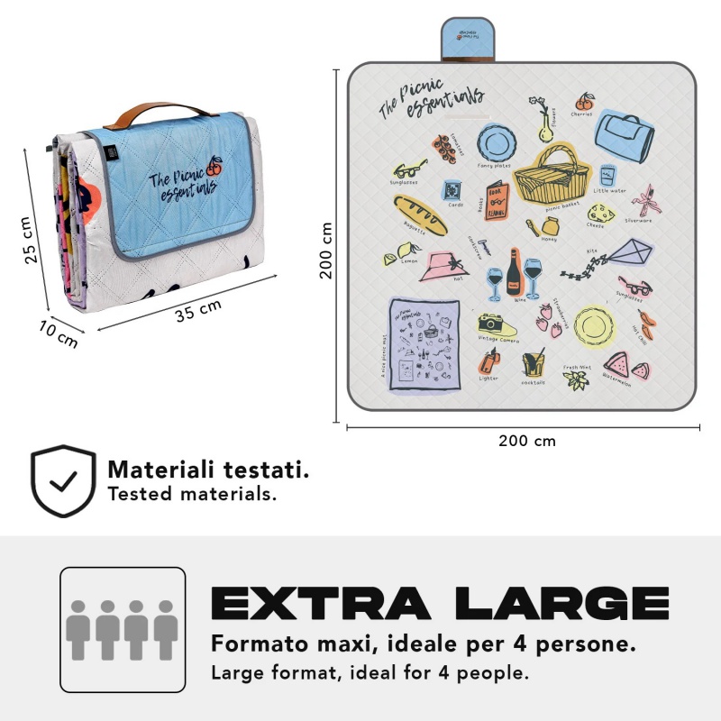Perletti Travel – Essentials je extra velká deka určená pro rodinné výlety a venkovní dobrodružství až pro čtyři osoby. Spodní Perletti Travel – Essentials je extra velká deka určená pro rodinné výlety a venkovní dobrodružství až pro čtyři osoby. Spodní