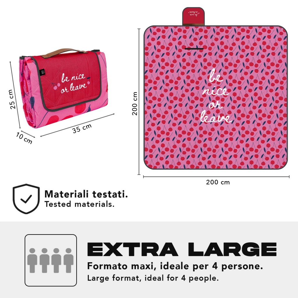 Perletti Travel - Cherry je extra velká deka, která poskytuje pohodlí až pro čtyři osoby. Spodní vrstva z PEVA spolehlivě chráni