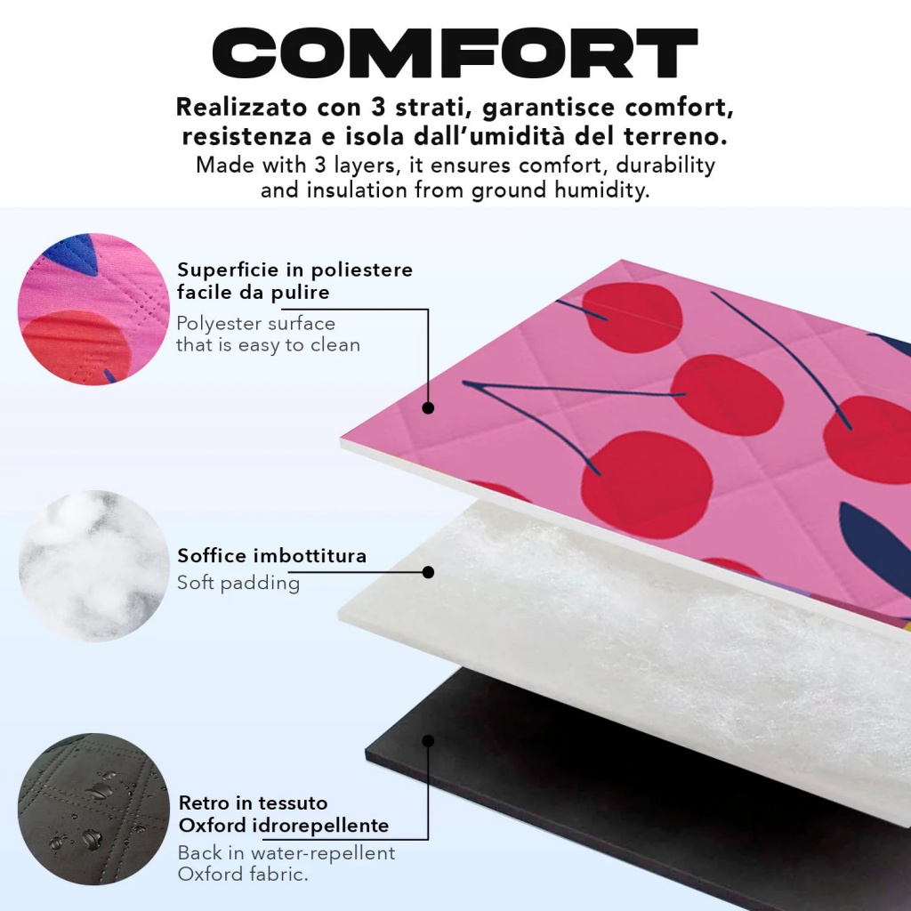 Perletti Travel - Cherry je extra velká deka, která poskytuje pohodlí až pro čtyři osoby. Spodní vrstva z PEVA spolehlivě chráni