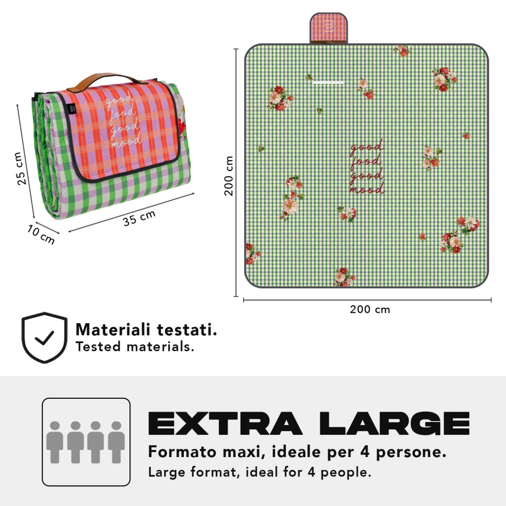 Perletti Travel – Vichy Floreale je extra velká deka ideální pro rodinné pikniky a venkovní aktivity až pro čtyři osoby. Vrchní