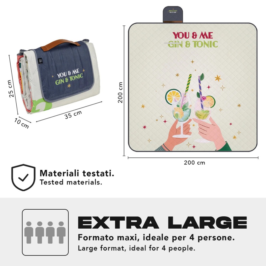 Perletti Travel - Gin & Tonic je extra velká deka určená pro pohodlné venkovní chvíle až pro čtyři osoby. Spodní vrstva z PEVA