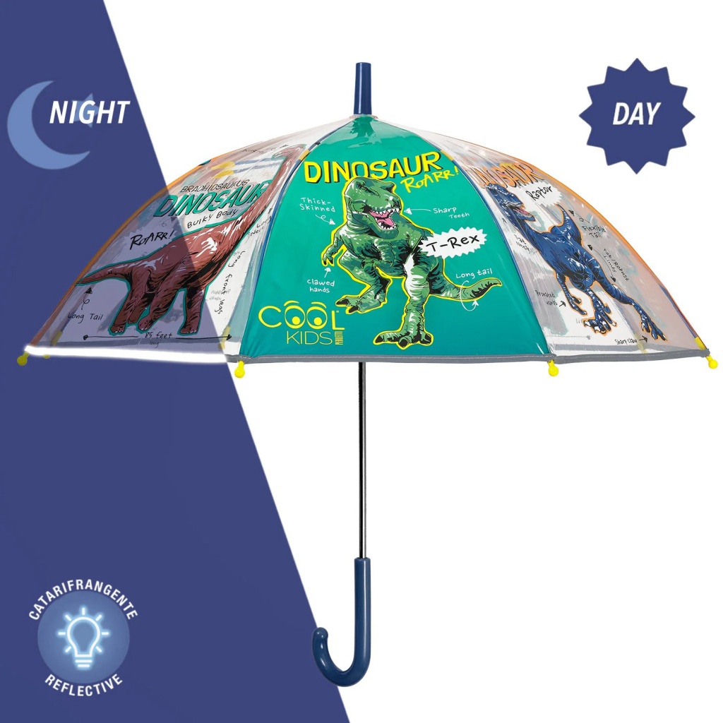 Dětský reflexní transparentní deštník Perletti Cool Kids „Dinosaur“, kód 15653 Průměr: 70 cm Materiál kopule: transparentní půl