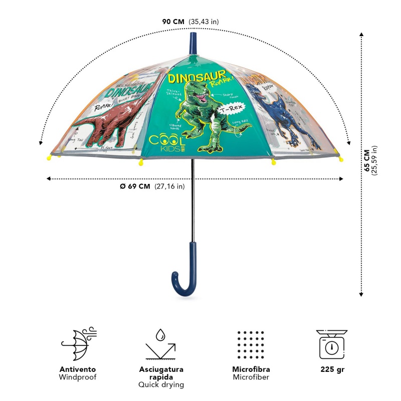Perletti Cool Kids „Dinosaur“ 70 cm – reflexný transparentný dáždnik Perletti Cool Kids „Dinosaur“ 70 cm – reflexný transparentný dáždnik