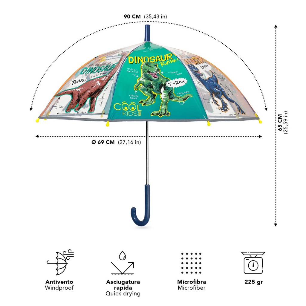 Perletti Cool Kids „Dinosaur“ 70 cm – reflexný transparentný dáždnik