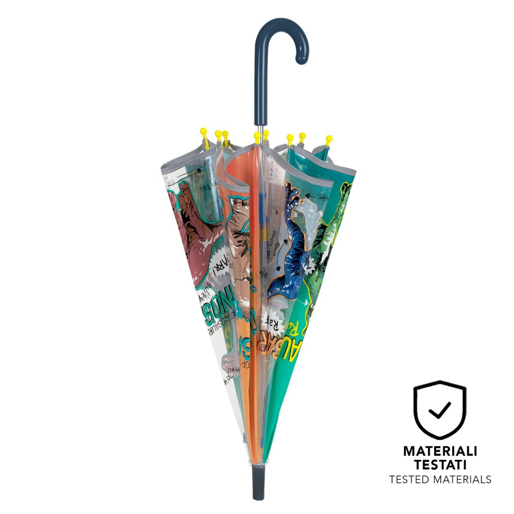 Dětský reflexní transparentní deštník Perletti Cool Kids „Dinosaur“, kód 15653 Průměr: 70 cm Materiál kopule: transparentní půl