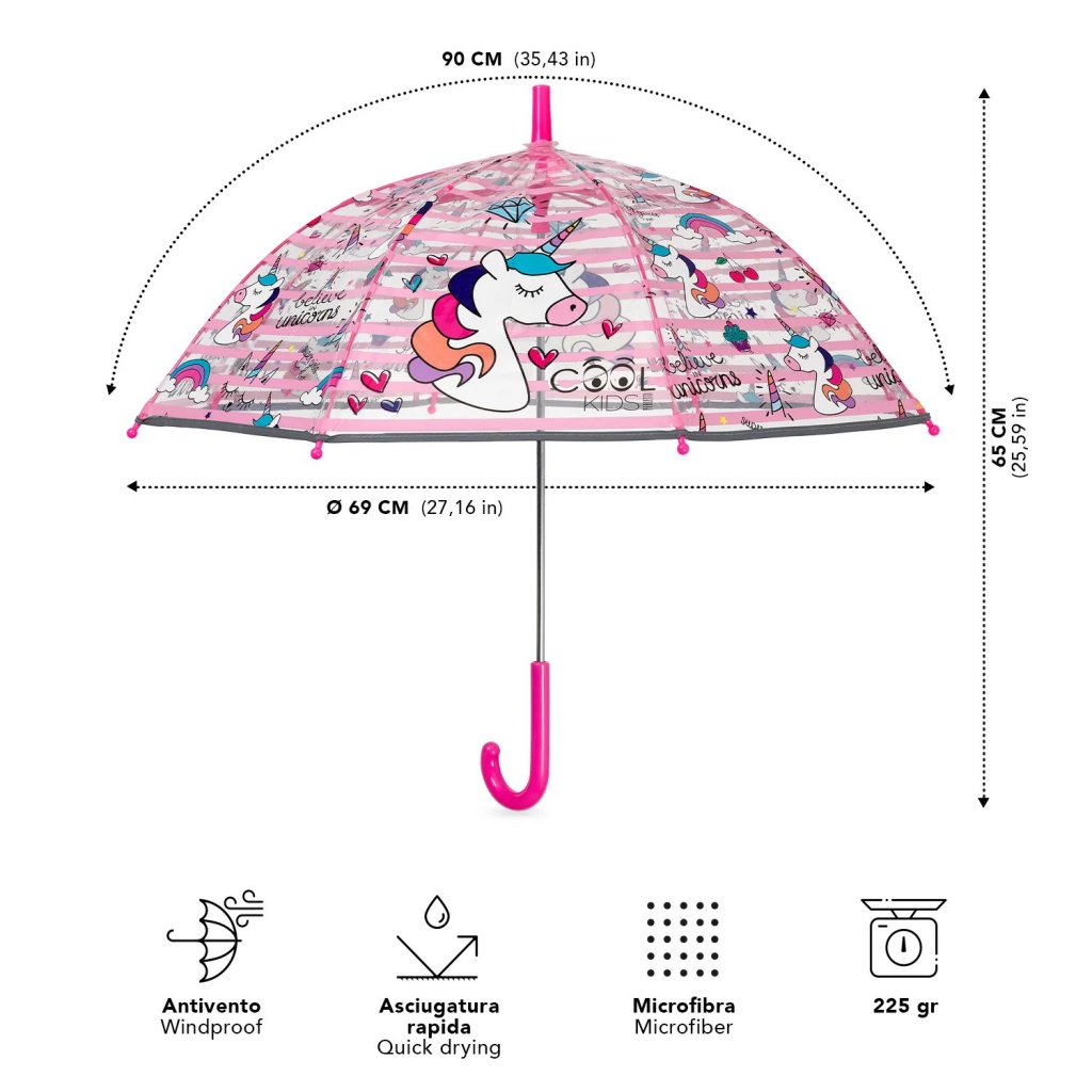 Perletti Cool Kids Unicorn 70 cm – reflexný transparentný dáždnik