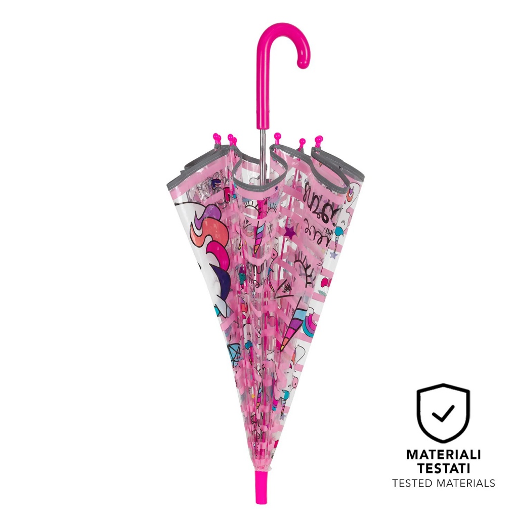 Dětský reflexní transparentní deštník Perletti Cool Kids „Unicorn“, kód 15659 Průměr: 70 cm Materiál kopule: POE (bez škodlivýc