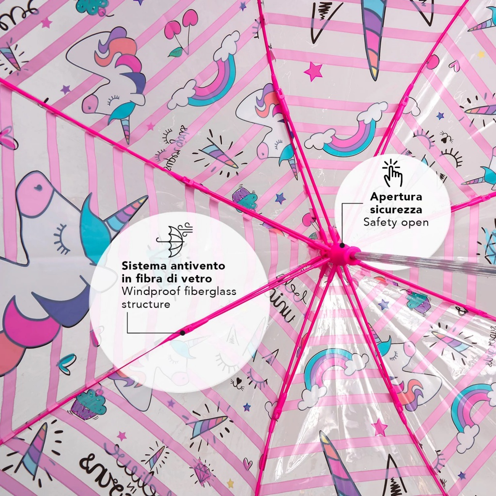 Dětský reflexní transparentní deštník Perletti Cool Kids „Unicorn“, kód 15659 Průměr: 70 cm Materiál kopule: POE (bez škodlivýc