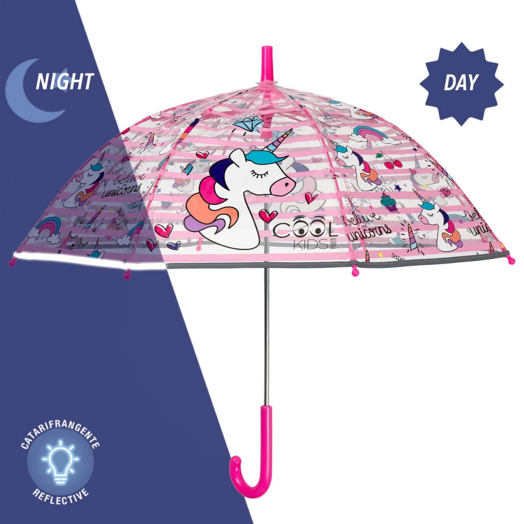 Dětský reflexní transparentní deštník Perletti Cool Kids „Unicorn“, kód 15659 Průměr: 70 cm Materiál kopule: POE (bez škodlivýc