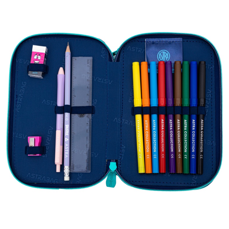 Dvojitý vybavený penál ASTRABAG se stylovým designem. Obsahuje dvě přihrádky s organizérem. Kompletně vybavený PREMIUM psac Dvojitý vybavený penál ASTRABAG se stylovým designem. Obsahuje dvě přihrádky s organizérem. Kompletně vybavený PREMIUM psac