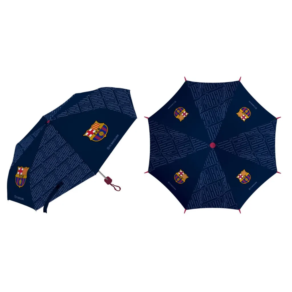 Skládací deštník FC Barcelona, oficiální design. Průměr 96 cm, manuální otevírání, odolný vůči větru.