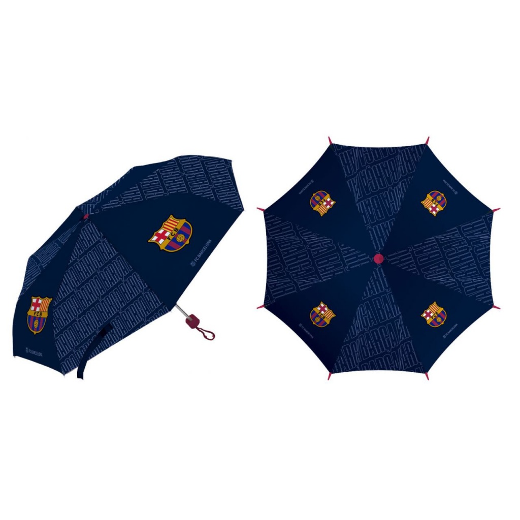 Skládací deštník FC Barcelona, oficiální design. Průměr 96 cm, manuální otevírání, odolný vůči větru.
