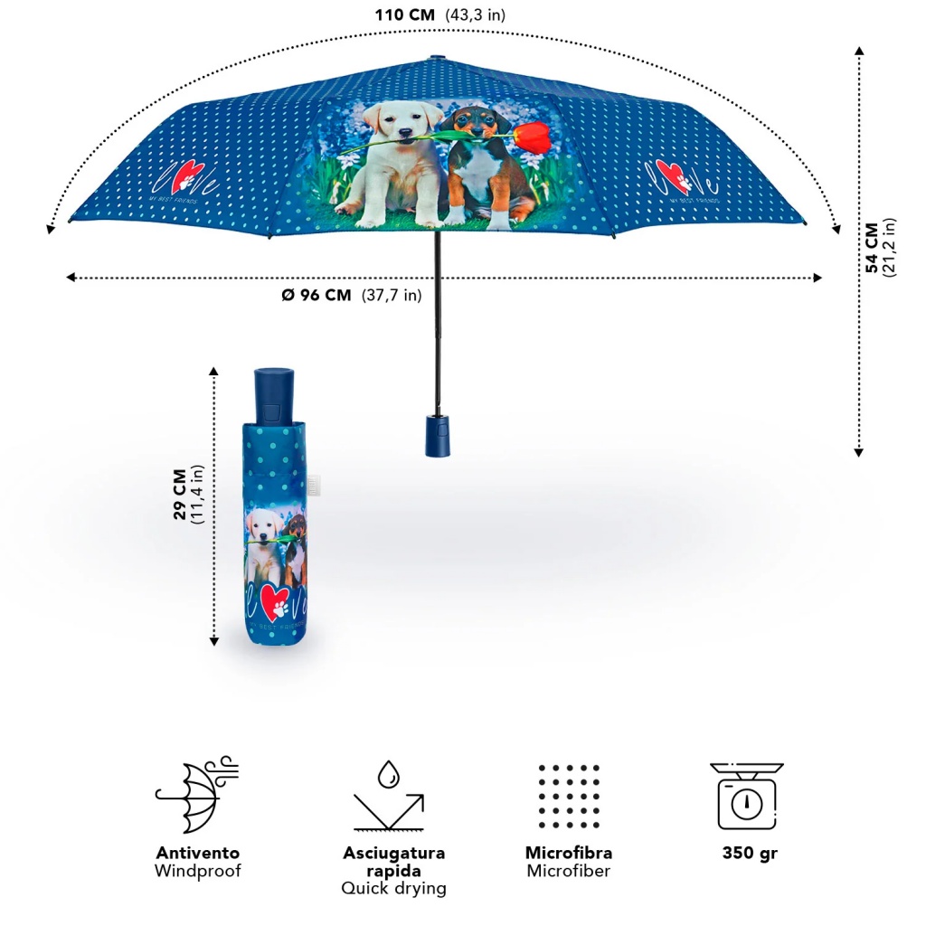 Automatický dáždnik Perletti Time "My Best Friends" – Psíky a mačičky na dáždniku, automatické otváranie, odolný voči vetru, mod