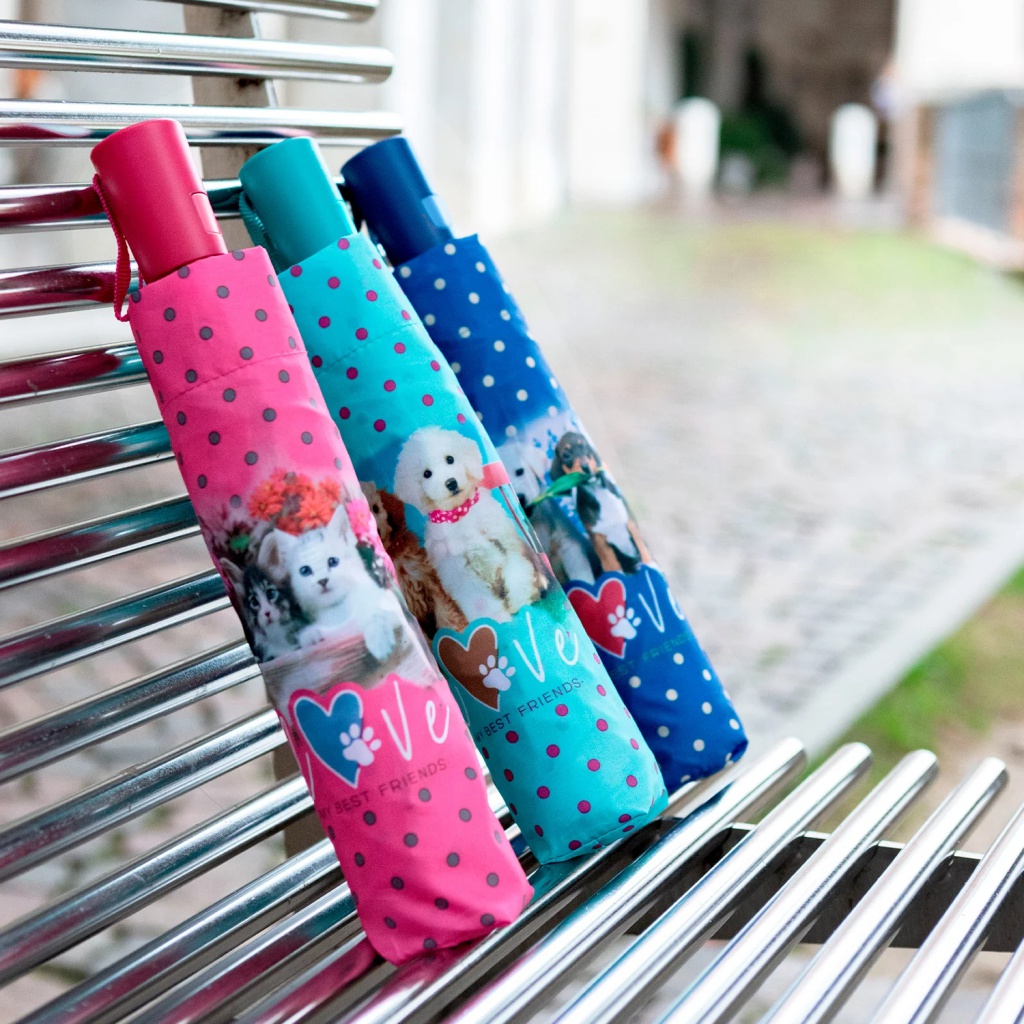 Automatický dáždnik Perletti Time "My Best Friends" – Psíky a mačičky na dáždnike, automatické otváranie, odolný voči vetru, zel