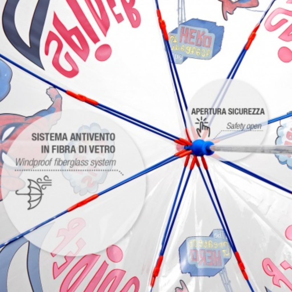 Dětský průhledný deštník Perletti Kids Spiderman 75338, průměr 83 cm, délka 65 cm, váha 225 g.